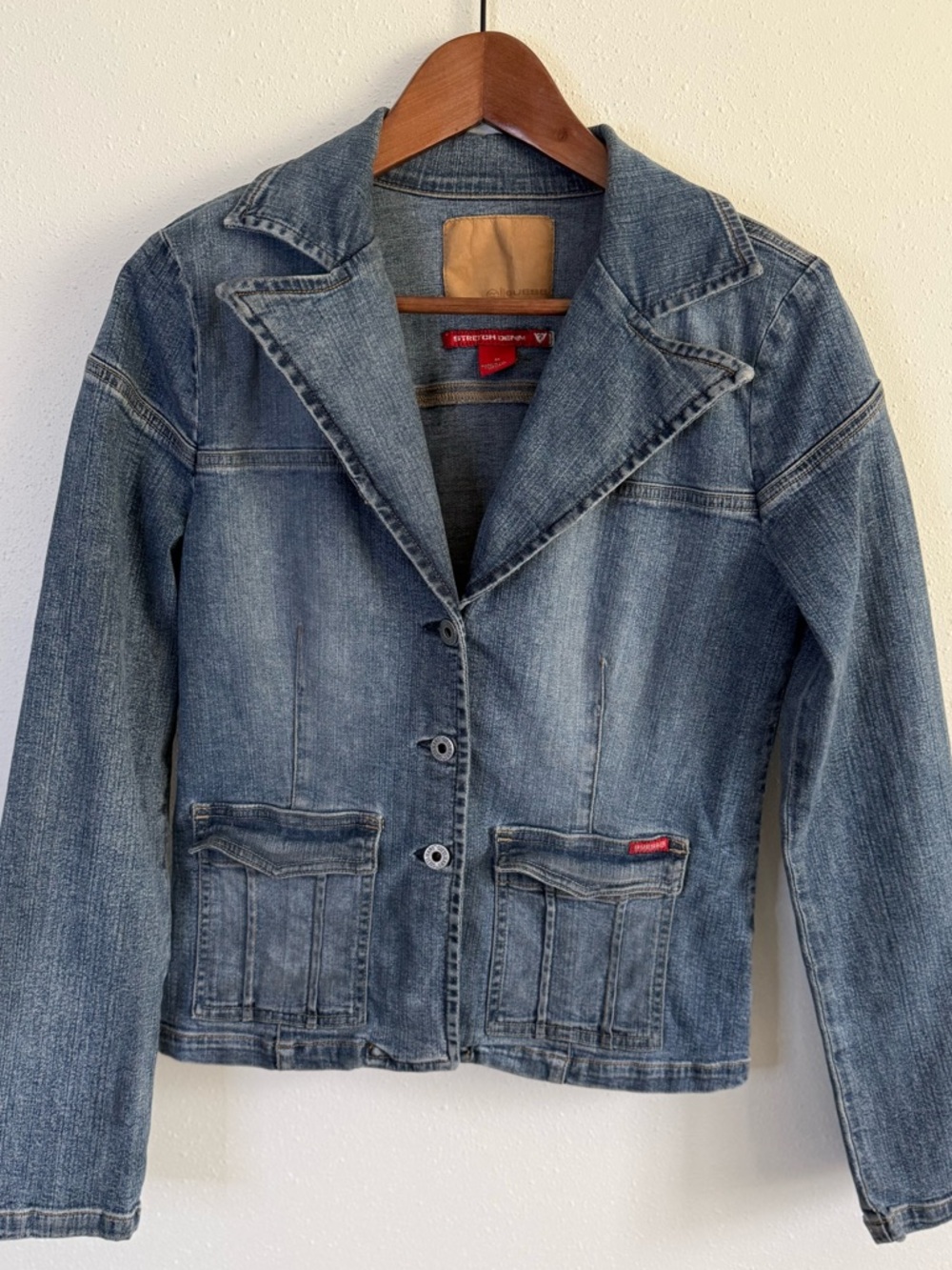 GUESS Denim Blazer Jacket Women Medium Fitted Blue Jean Y2K Stretch